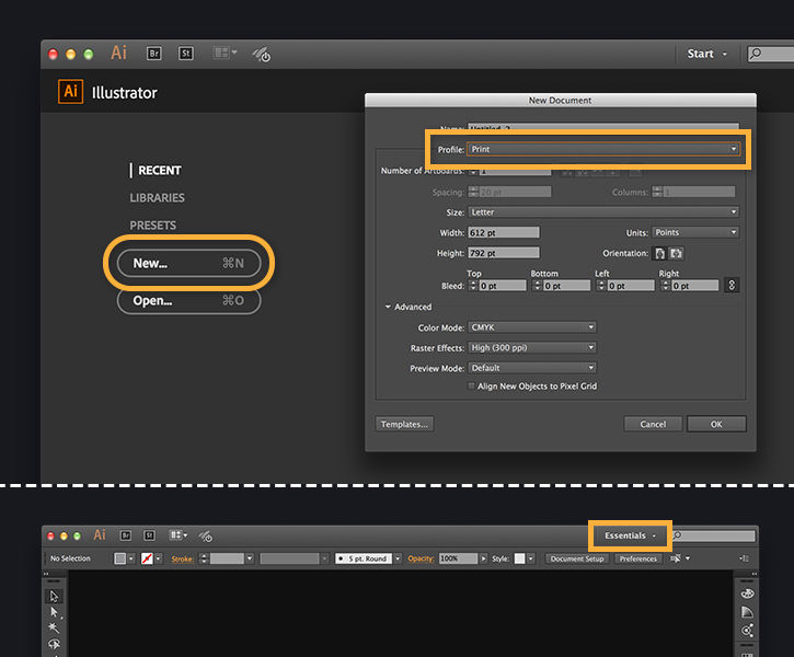New document screen in Illustrator with Print profile and Essentials workspace options highlighted