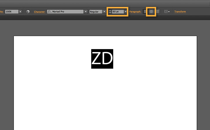 Artboard with the initials ZD typed, font options set to size 60 with a center alignment