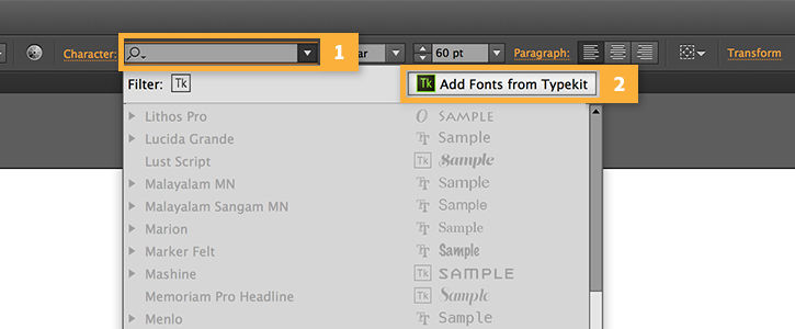 Font search bar shown with Add Fonts from TypeKit highlighted