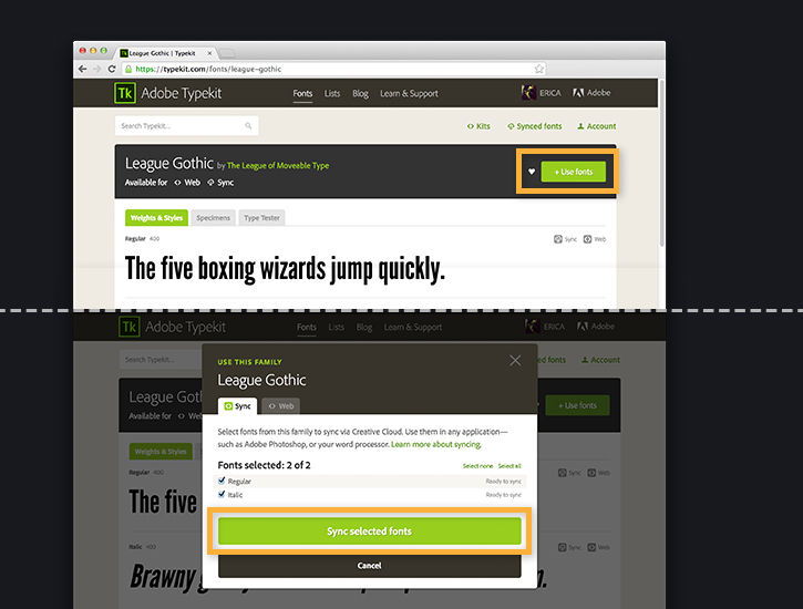 League Gothic font is chosen and then Sync selected fonts is highlighted