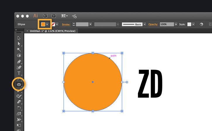 An orange circular background is created beside the ZD initials on the artboard