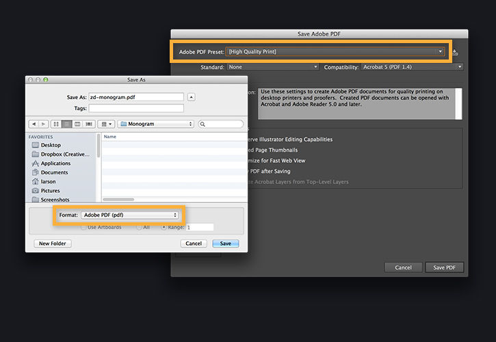 Save as Format PDF and High Quality Print options highlighted