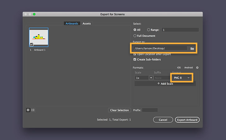The file is saved for onscreen viewing by selecting File > Export > Export for Screens. 