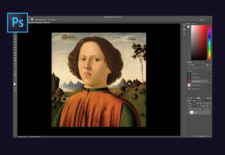 Classical portrait of a person with short, curly brown hair in a field