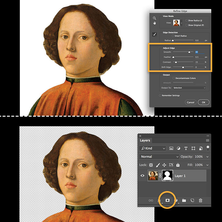 Quick Selection tool is used to cut out the person's head and shoulders. Layer Mask is added to isolate selection.