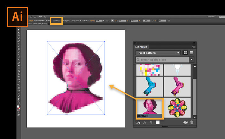 Graphic thumbnails are dragged to the Illustrator artboard and embedded in the document.