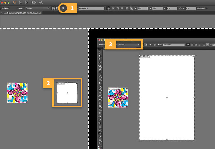 Patterned tile appears next to tabloid-sized Illustrator artboard.