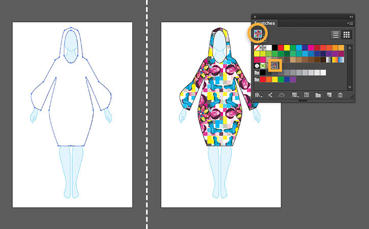 Left: Sketch of model with outline of hooded dress. Right: Model's dress displays the pixelated pattern.