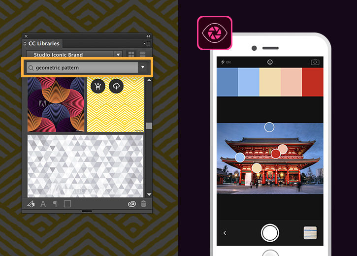 Adobe Stock displays watermarked images available for purchase, and Adobe Capture displays the color theme from a photo.