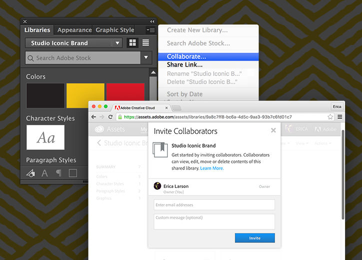 Collaboration with teammates is easily accomplished by sharing a link to Libraries or inviting collaborators to contribute. 