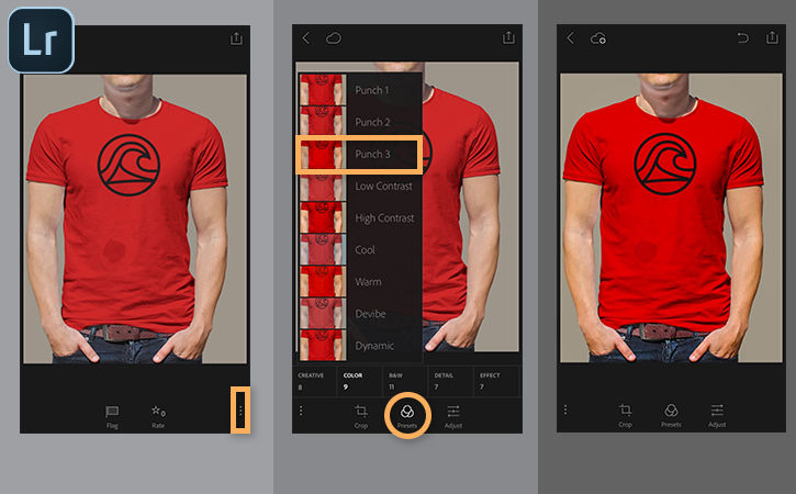 Lightroom Classic is used to adjust the color intensity of a red t-shirt in an online ad. 