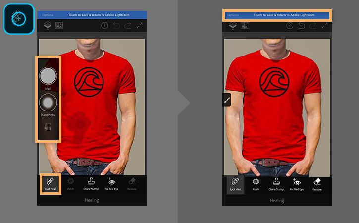 Stain on t-shirt is removed using the Healing in Photoshop Fix. 