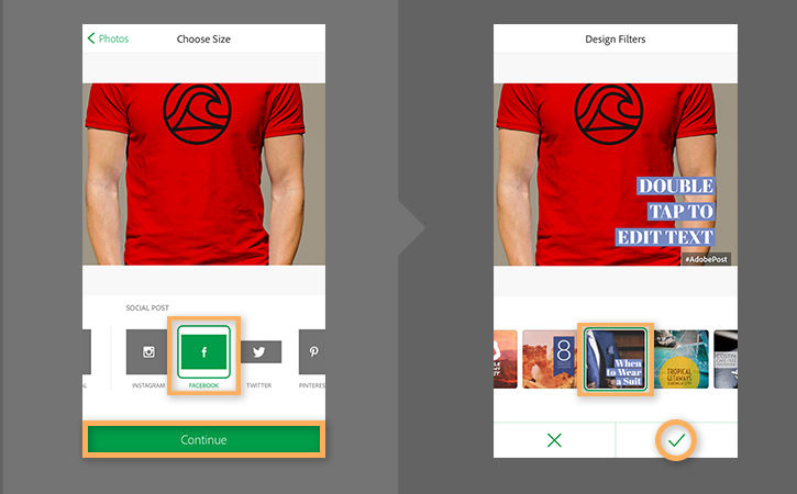 Premade file sizes, design, and text filters are available for social media postings.