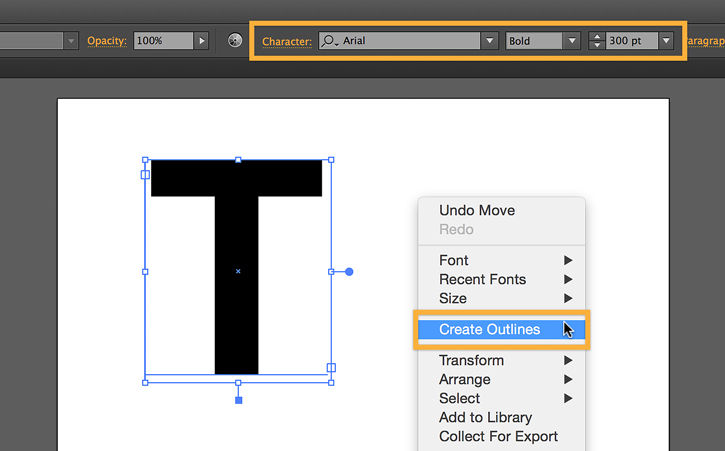To transform a letter into a drop cap, select the letter, right-click, and select Create Outlines.  