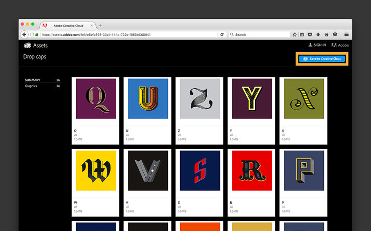 Adobe has a full drop cap alphabet available for use in the Creative Cloud Library.