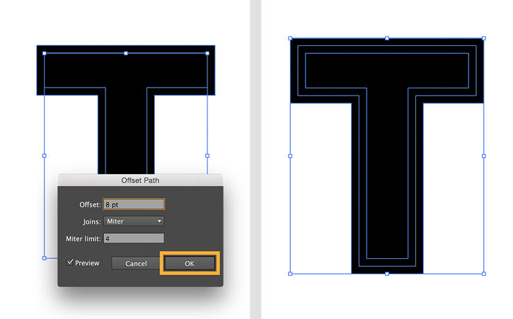 The letter “T” is duplicated twice by selecting Object > Path > Offset Path, then the paths are ungrouped. 