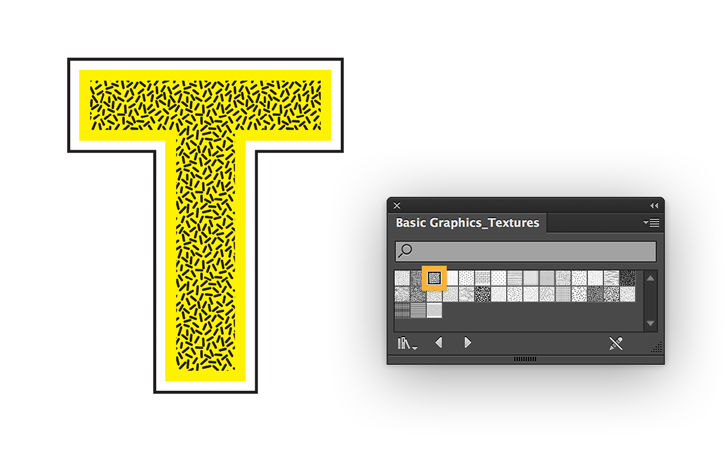 The letter “T” is outlined in black with a white border, yellow border, and yellow fill with black specks.  
