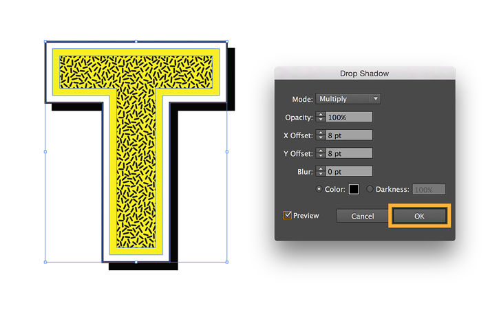 The yellow and black letter “T” has a drop shadow added.   