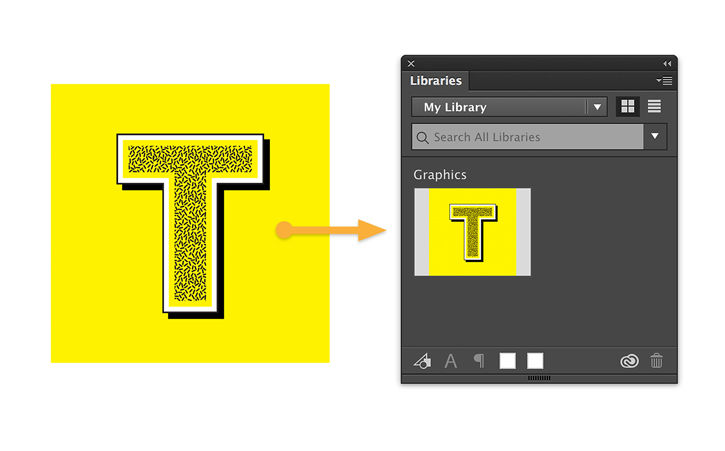 The drop cap letter T is added to the Creative Cloud Library by clicking and dragging it onto the Libraries panel.   