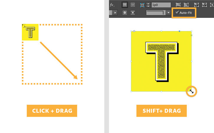 The drop cap letter T is added to a document with text and resized by click + dragging or shift + dragging.    