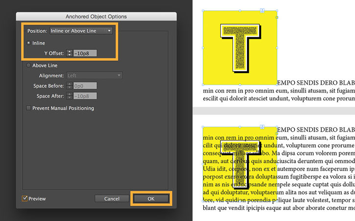 Adjust the anchored drop cap’s position relative to the body text by Alt/Option + clicking the anchor icon.