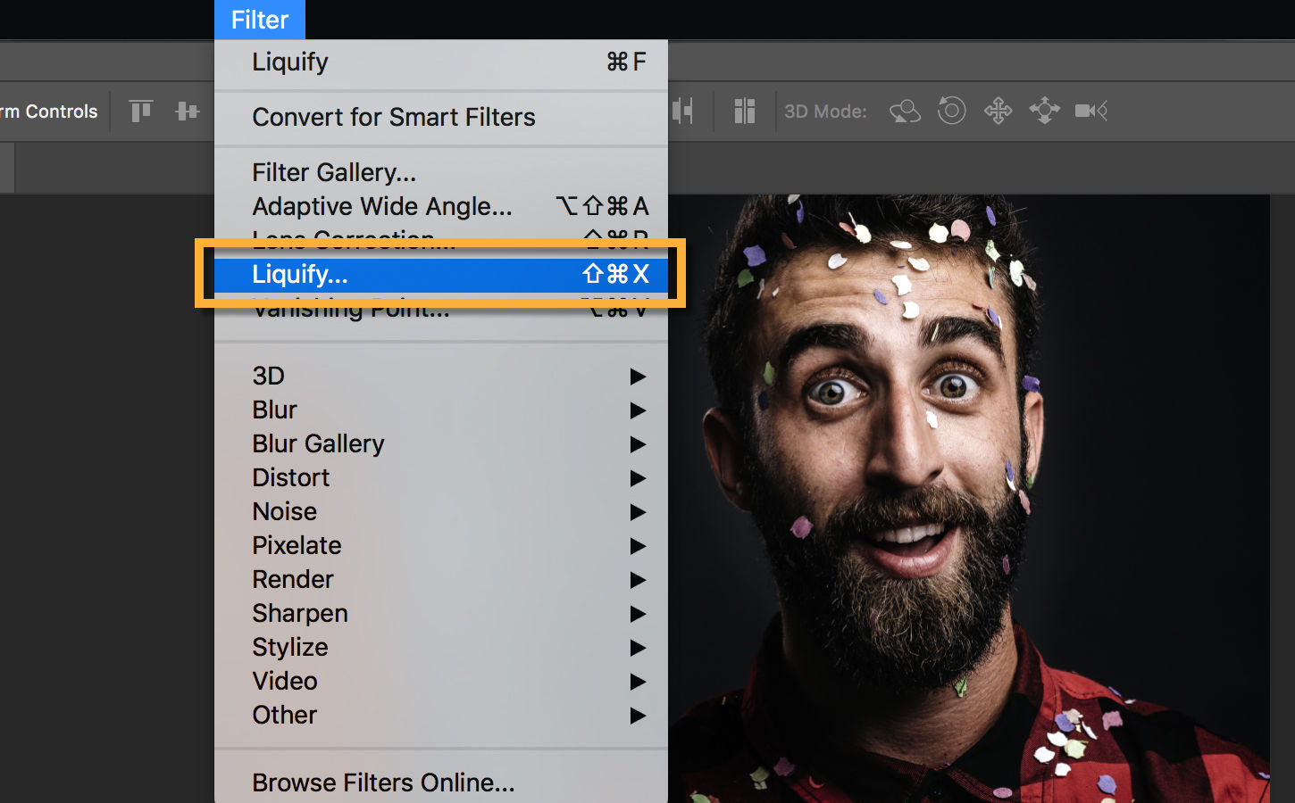 After opening an image, click Filter > Liquefy. Convert to Smart Object before liquefying to preserve ability to re-edit.