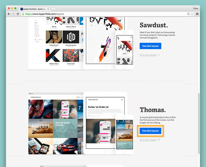 Layout options displayed on the Adobe Portfolio website.