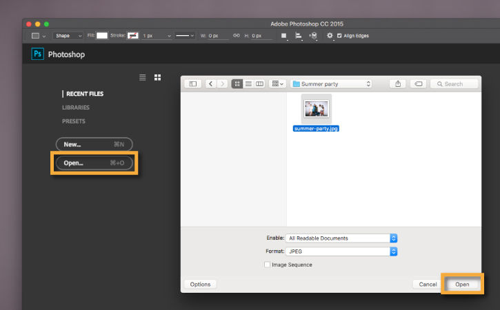 Select a photo to use for editing and correction through the File > Open menu.