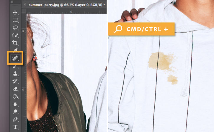 Spot Healing Brush is used to remove a stain from a shirt. 