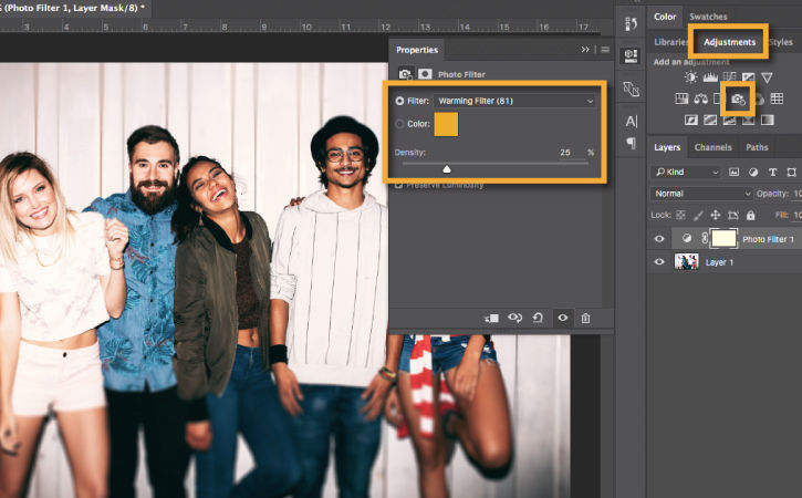 Sepia Photo Filter at 25% density is added to warm the tones of the image. 