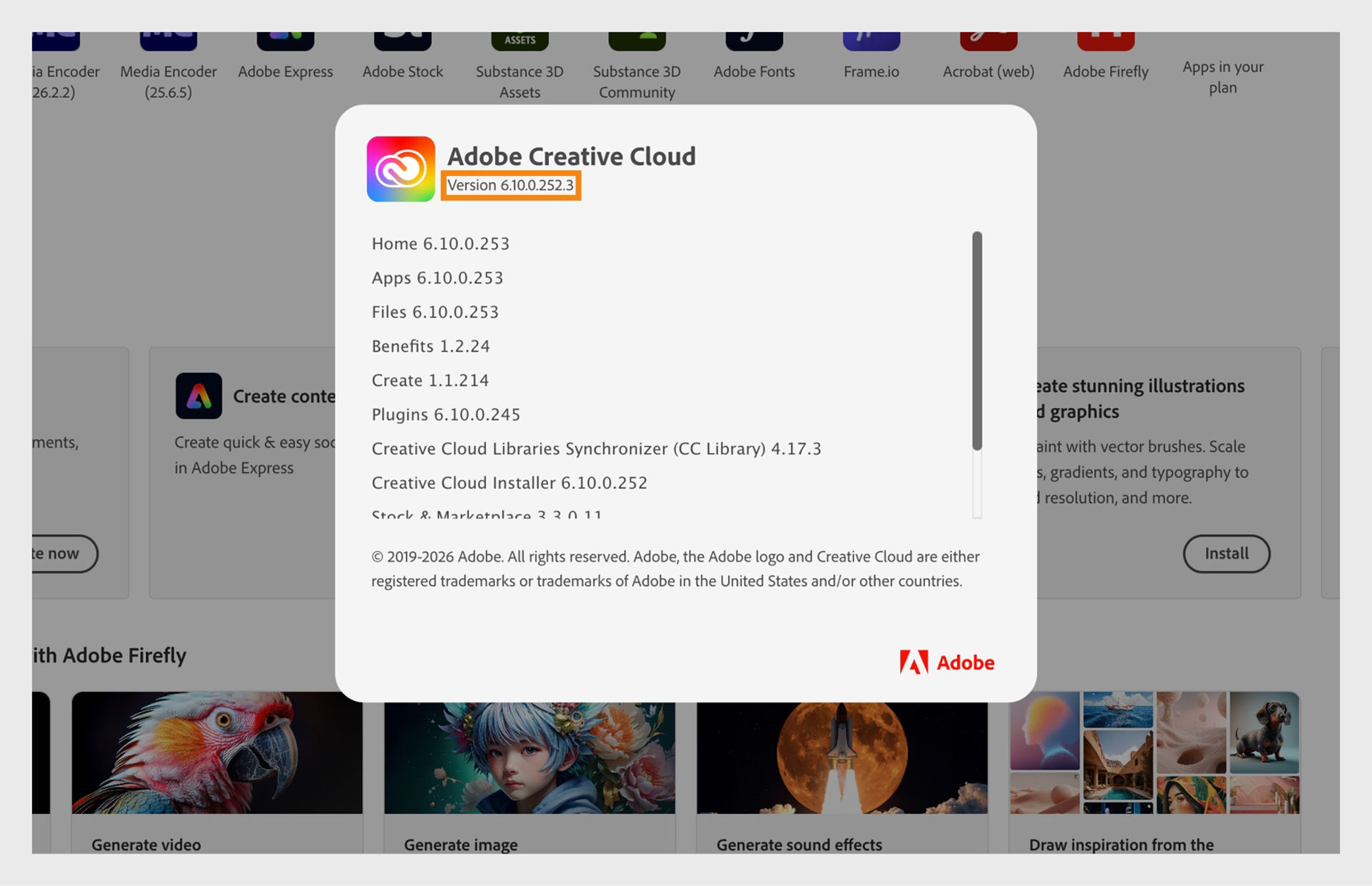 The Adobe Creative Cloud info window displays the app’s version details, including the individual versions of modules like Home, Apps, Files, Plugins, and others.