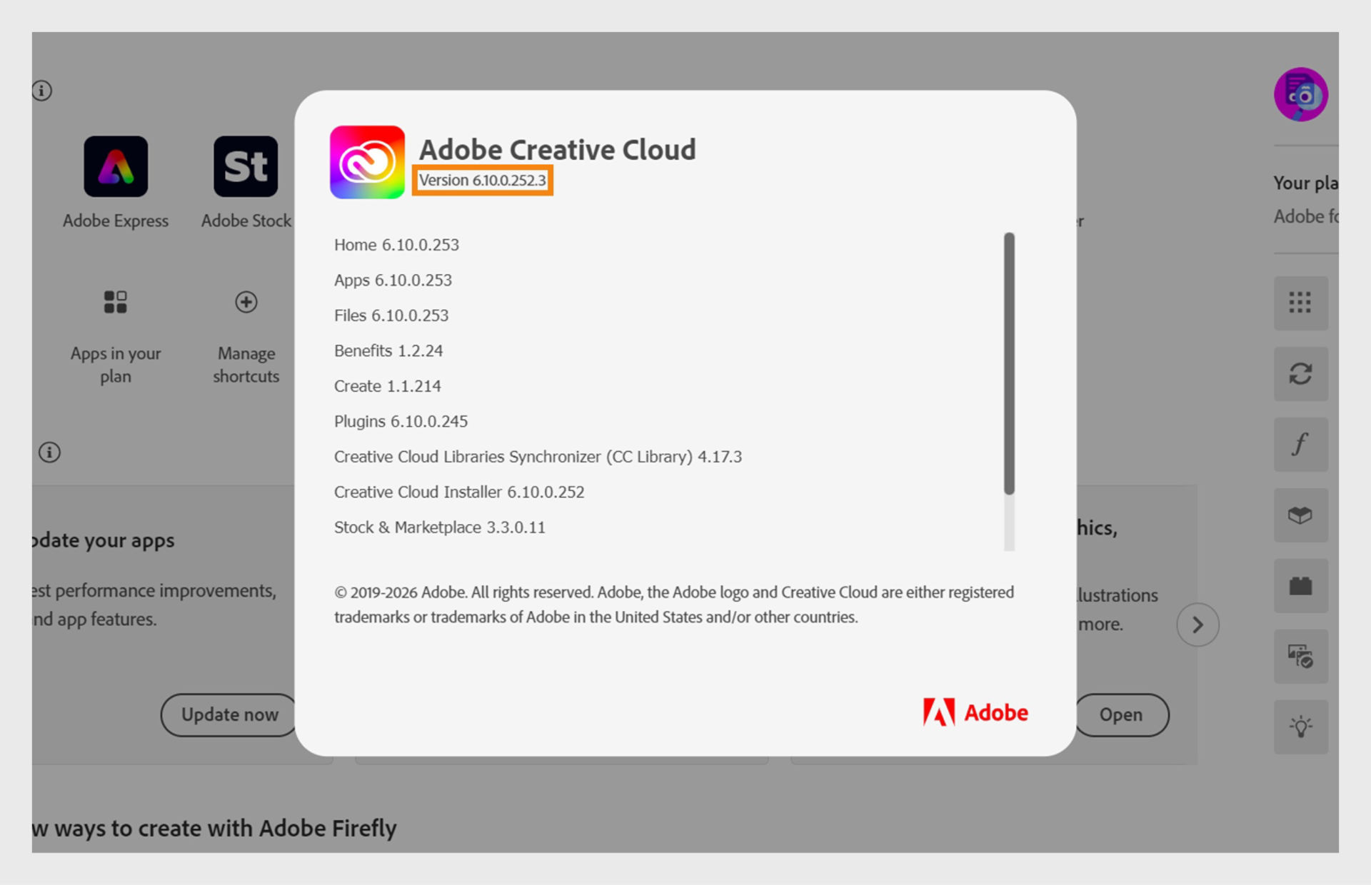 The Adobe Creative Cloud info window displays the app’s version details, including the individual versions of modules like Home, Apps, Files, Plugins, and others.