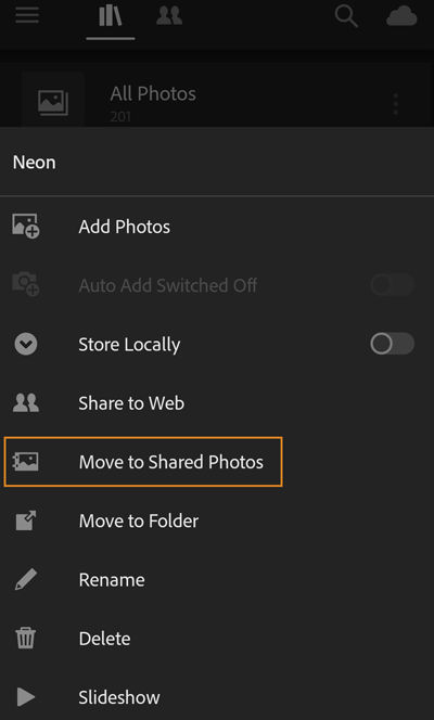 Move a shared album to Photos Shared to Web container