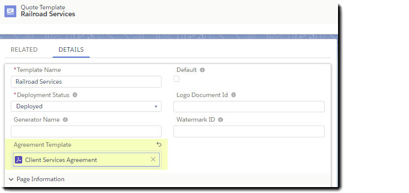 The Agreement Template lookup field on the Quote Template