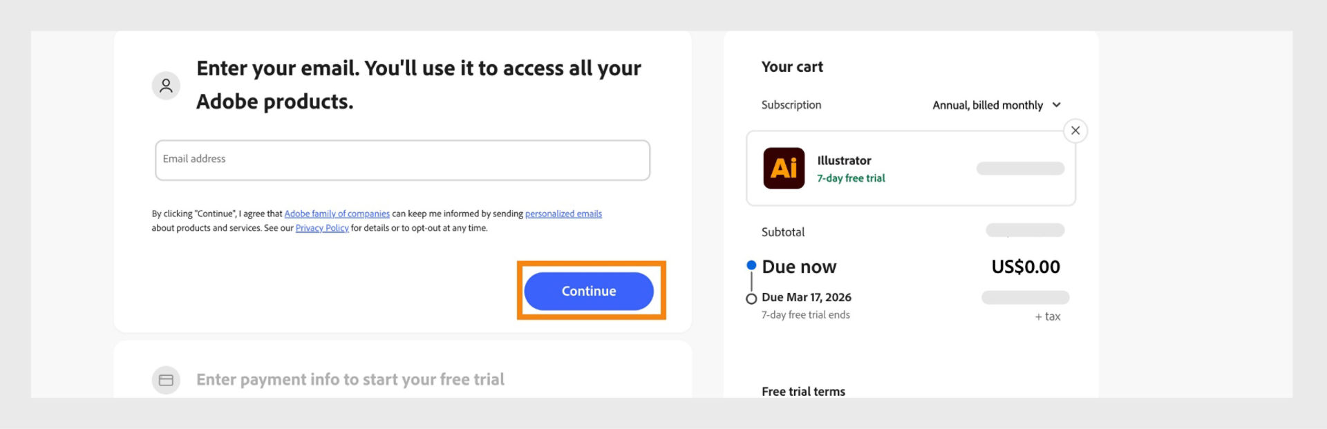 The payments page shows a text box to enter your email address and your plan details, and options to continue or return to the previous page. 