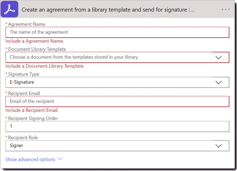 Action: Create an agreement from a library template and send for signature