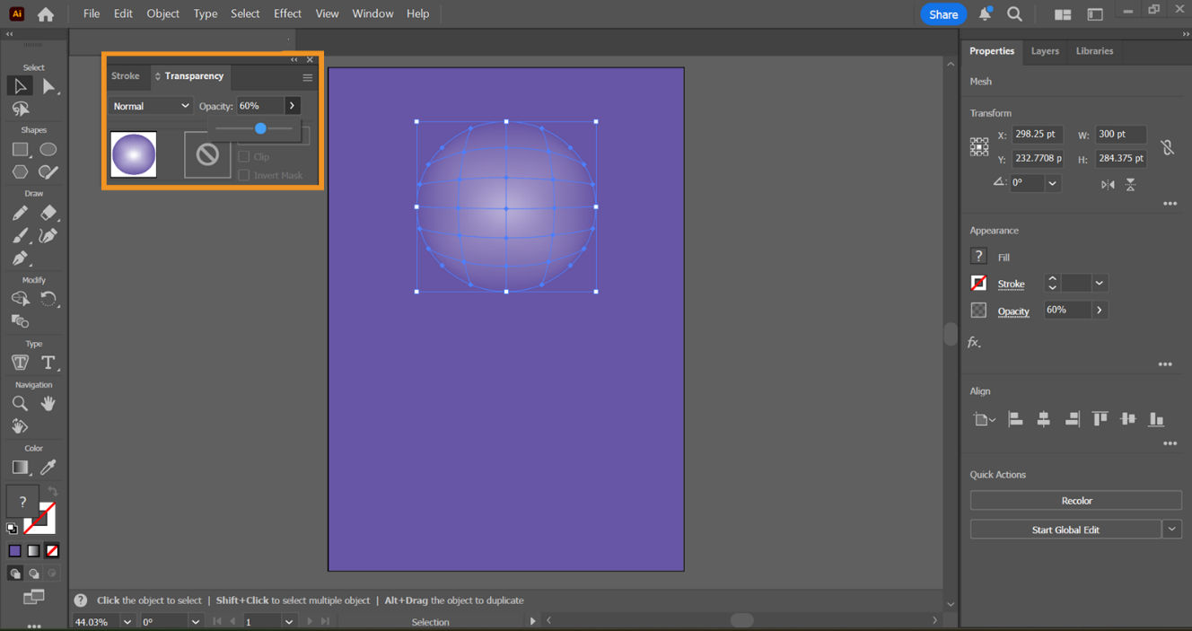 A Mesh object is displayed on the artboard with the Transparency panel opened showcasing the Opacity slider.
