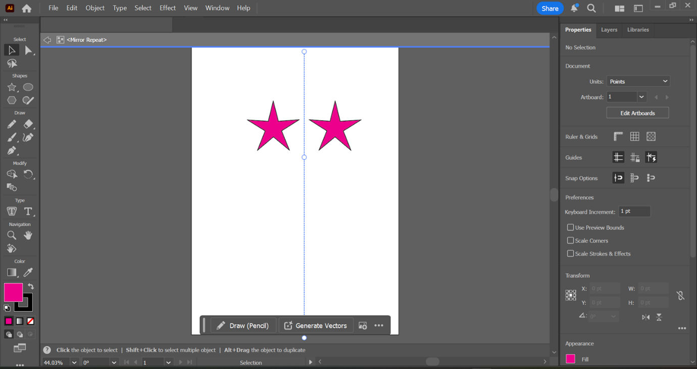A Mirror Repeat pattern of stars is displayed on the artboard which can be further customized using the on-canvas controls.