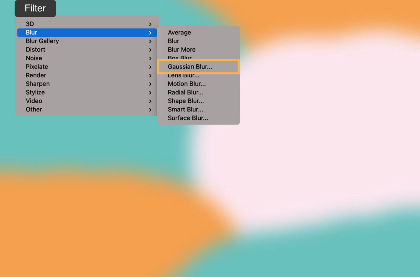 A Photoshop artboard showing overlapping planes of pink, teal, and orange colors with blurred edges, and menu dialog showing how to apply a Gaussian Blur filter.