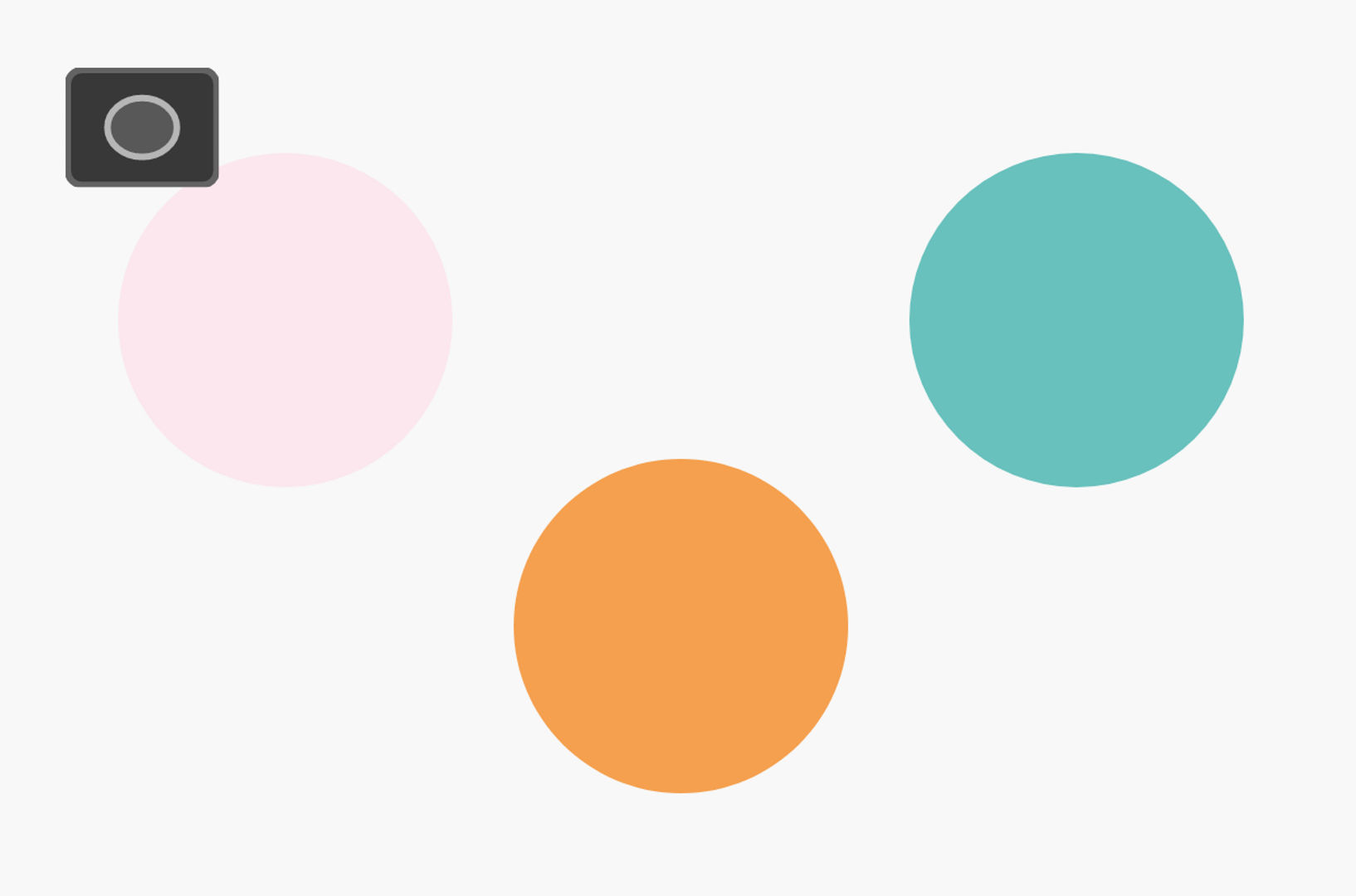 A Photoshop artboard showing three circles, colored pink, orange, and teal, and an icon for the Shapes tool.