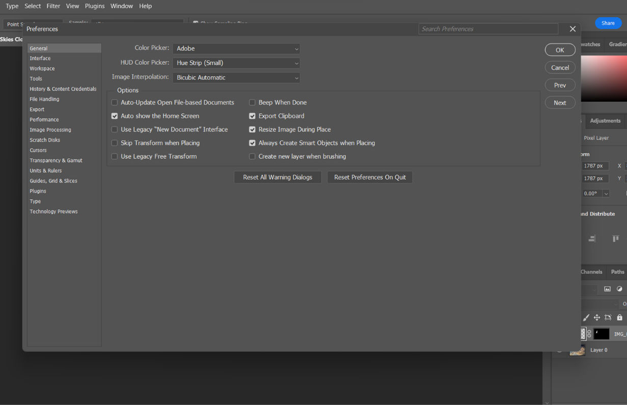 A Photoshop document with the Preferences panel showing the General settings.