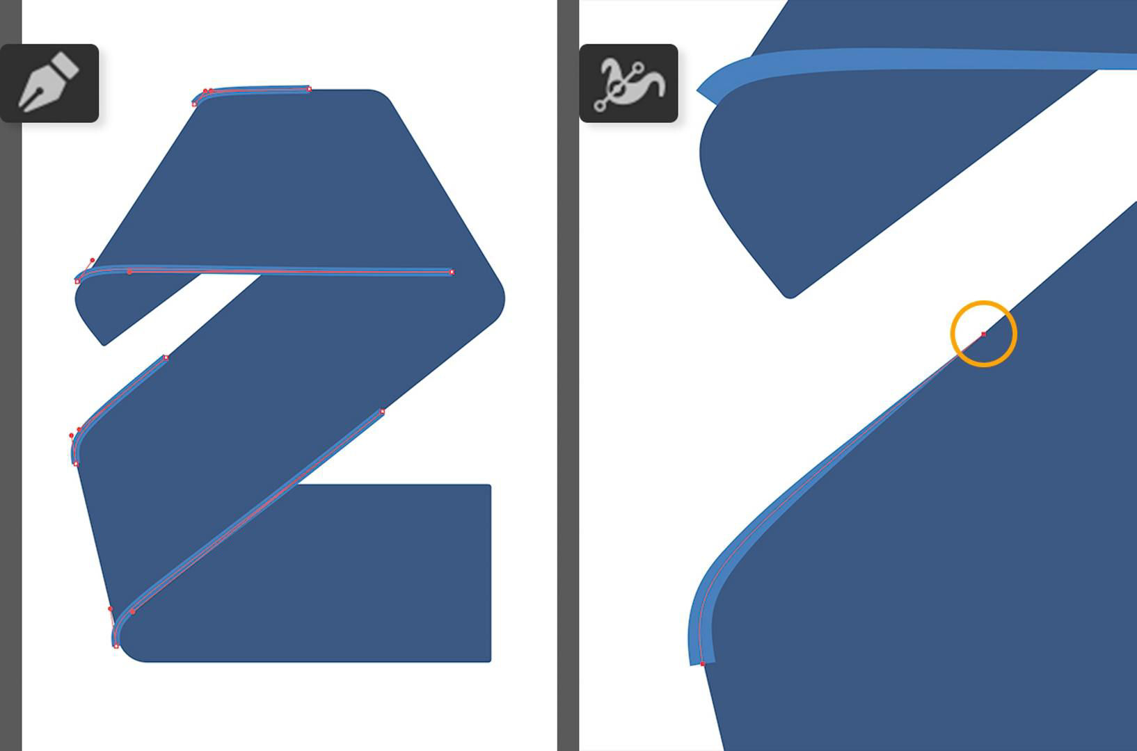 A blue, stylized vector 2 has 2 lighter blue lines drawn with the Pen tool on the top and middle. The Variable Width tool narrows the ends.