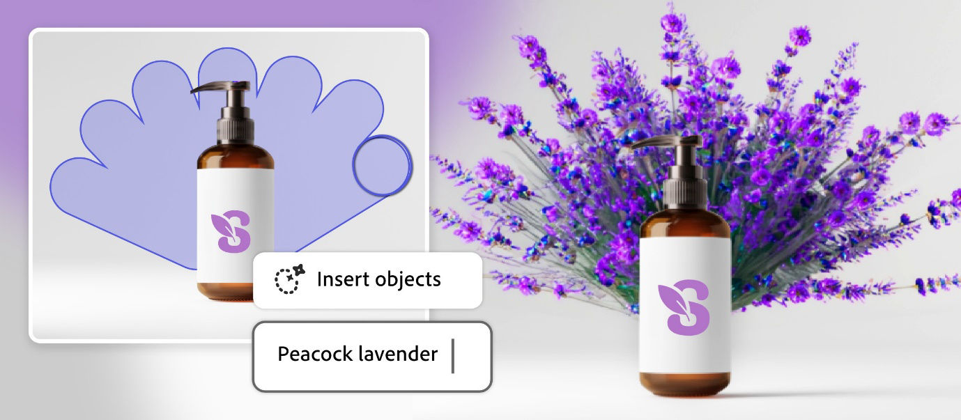 A brown pump bottle with a purple logo is placed in front of a bouquet of lavender flowers. A graphic overlay shows the option to "Insert objects" with the text "Peacock lavender."