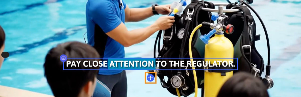 A caption is selected in the Viewer with the reposition handle highlighted.