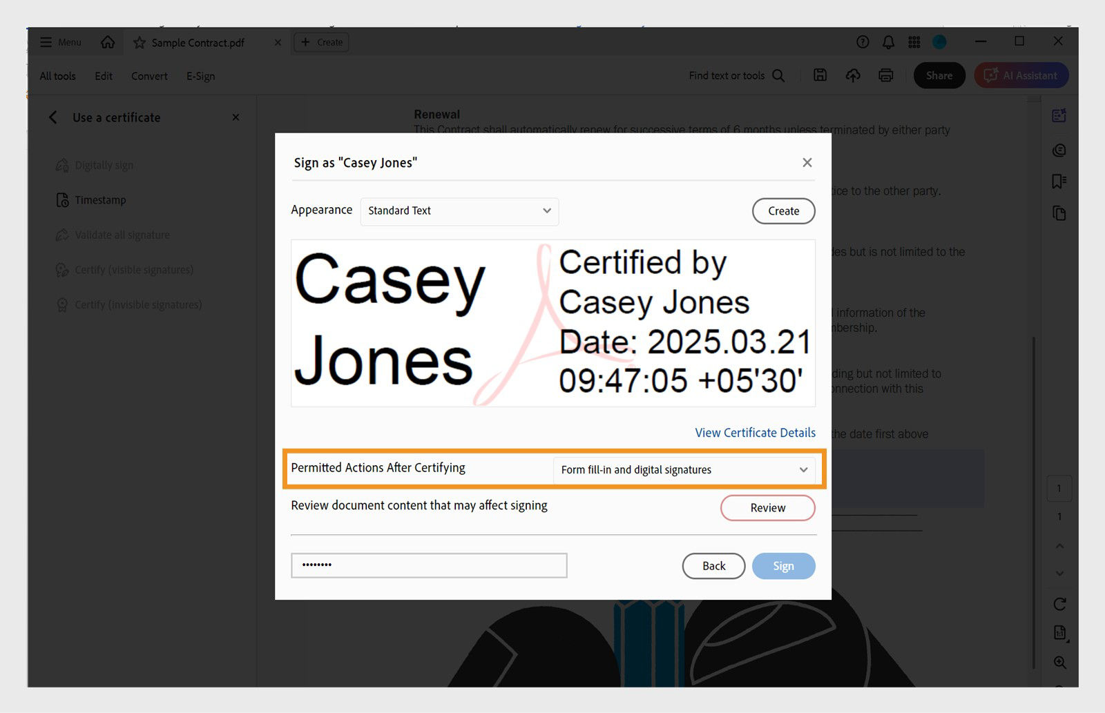 A certification signing dialog in Acrobat, showing a selected digital signature appearance and options to set permitted actions after certifying.