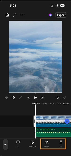 A clip on the timeline, with the Mirror and Flip buttons highlighted in the toolbar.
