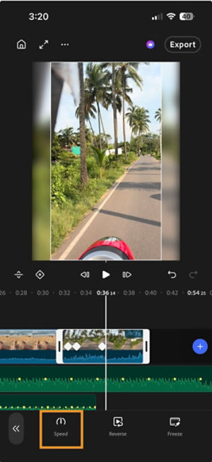 A clip on the timeline with speed keyframes applied, with the Speed button highlighted in the toolbar.
