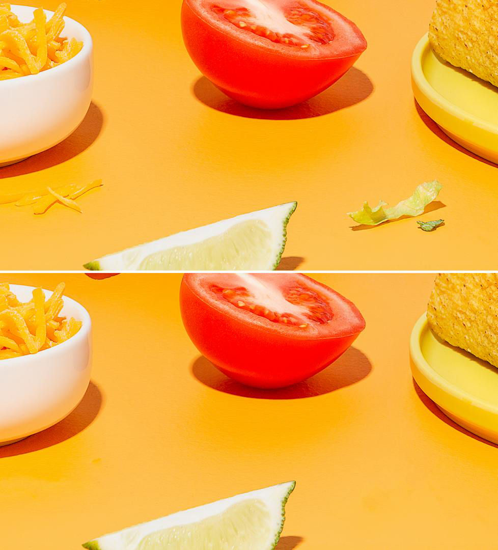 A clump of shredded cheese on the counter is painted out with the Spot Healing Brush in a before image, and is removed in an after image.