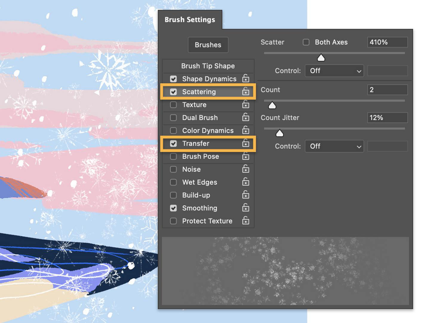 A detail of the illustration shows scattered snowflakes against a background of clouds and a river with small details added in thin white strokes.