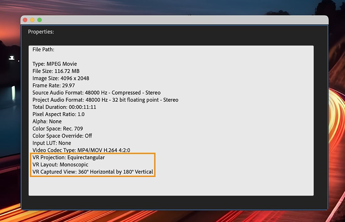 A dialog box is open and it displays the VR properties of the selected clip. The VR properties include file type, size, frame rate, color space, and more.